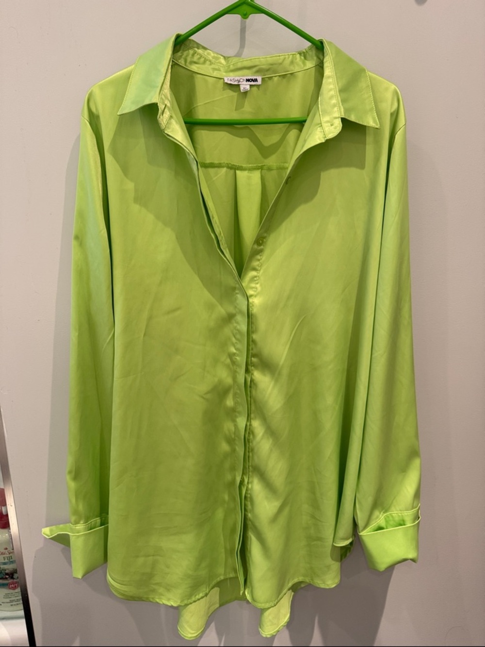 Fashion Nova Lime Satin Button-Up Shirt